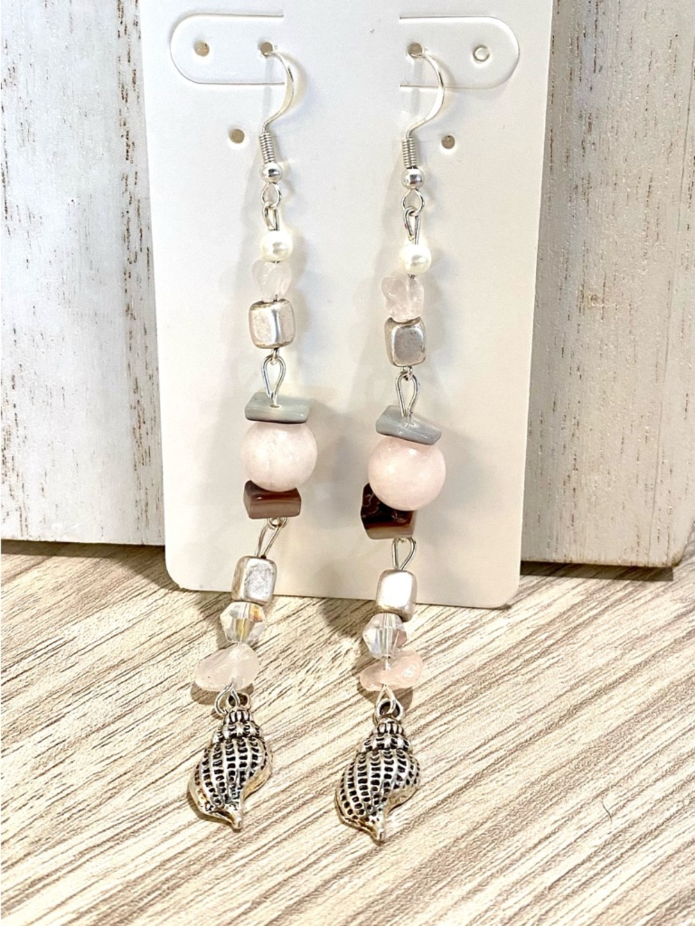 19. Handcrafted Pink Bead & Silver Shell Drop Earrings - Women Jewelry - Picture 2 of 2